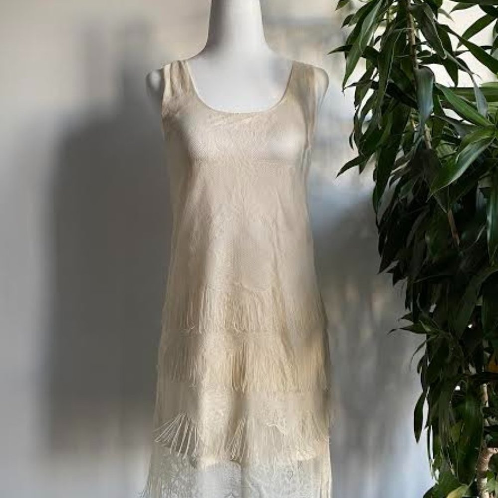 Lush lace dress with layered fringe.